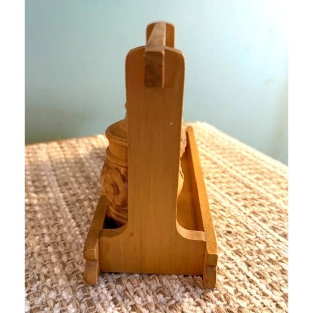 Vintage Hand Carved Wooden Condiments Set of 3 Carved Salt Pepper Caddy Tray